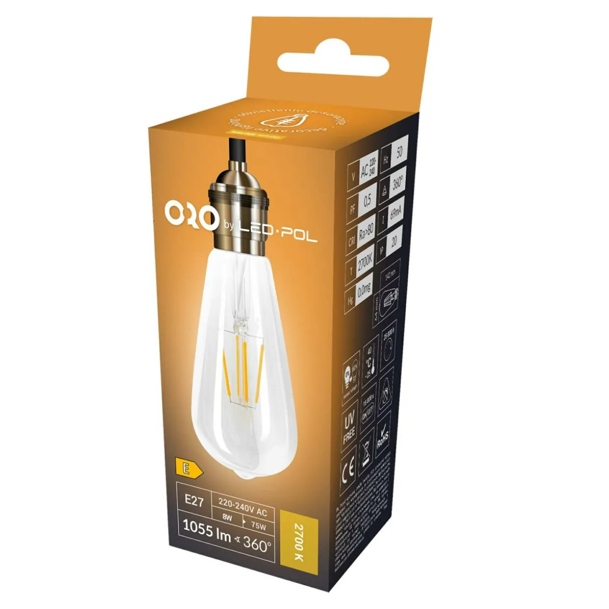 Żarówka ozdobna retro LED E27 8W barwa ciepła ORO-E27-ST64-FL-CLARO-8W-WW