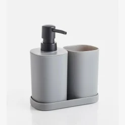 Dozownik do mydła z pojemnikiem na podstawce ciemnoszary