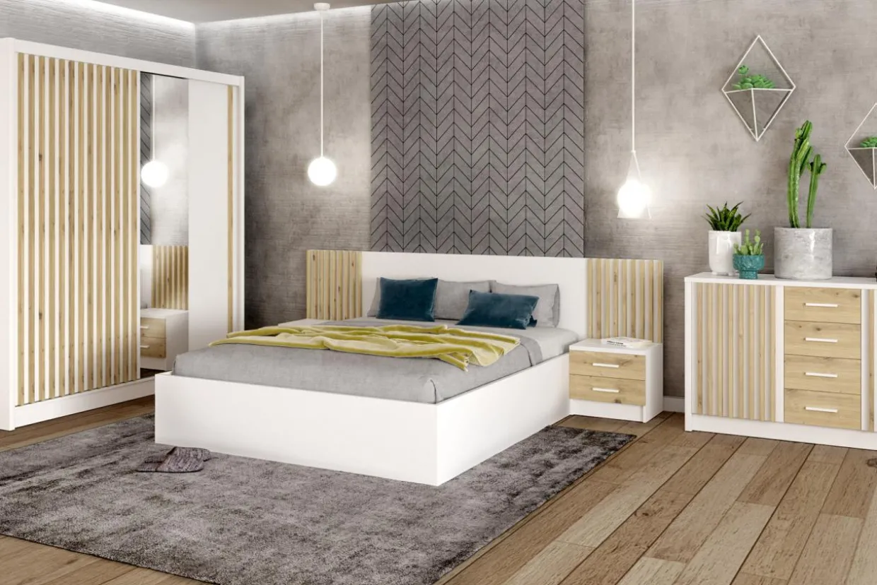 Łóżko ze stelażem i pojemnikiem LAMELLO białe 160x200 cm