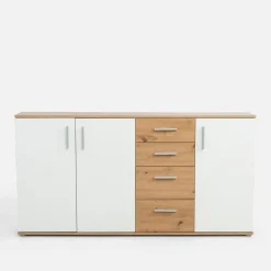 Komoda 3-drzwiowa z 4 szufladami IKOLI biała dąb artisan