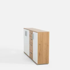 Komoda 3-drzwiowa z 4 szufladami IKOLI biała dąb artisan