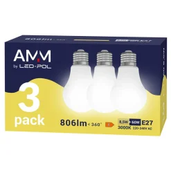 Komplet 3 żarówek LED E27 8,5W barwa ciepła AMM-E27-A60-8,5W-WW