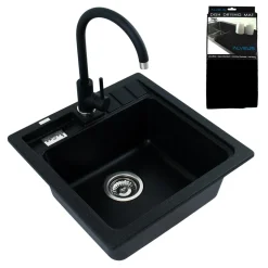 Komplet - zlewozmywak granitowy czarny ASPEN 20 z baterią i matą ociekową