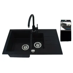 Komplet zlewozmywak granitowy czarny CANTO 70 z baterią i matą ociekową