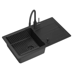 Komplet zlewozmywak QUADRON czarny MAX 77x44 cm z akcesoriami