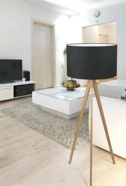 Lampa na drewnianym trójnogu abażur czarny TREVISO