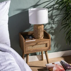 Lampa stołowa ceramiczna biała/rattan LUCIA