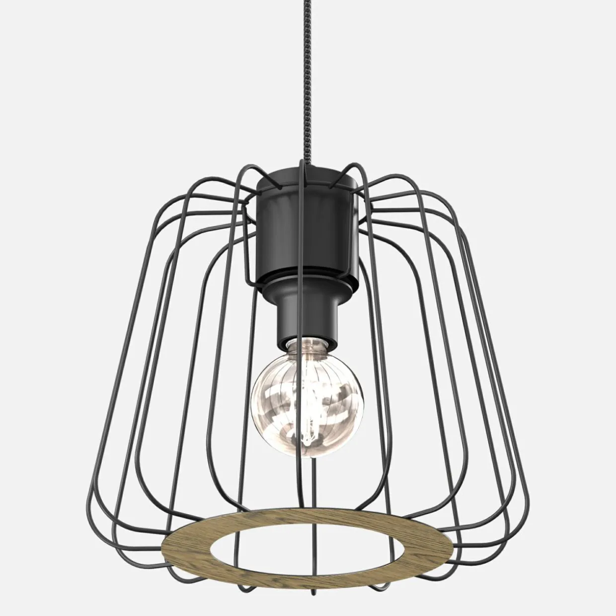 Lampa wisząca czarna jasne drewno TRAD I klosz 25 cm