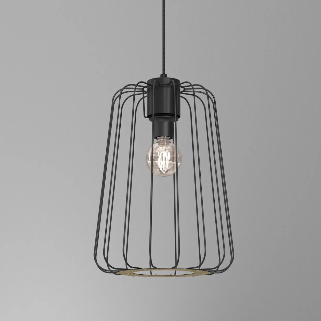 Lampa wisząca czarna jasne drewno TRAD I klosz 38 cm