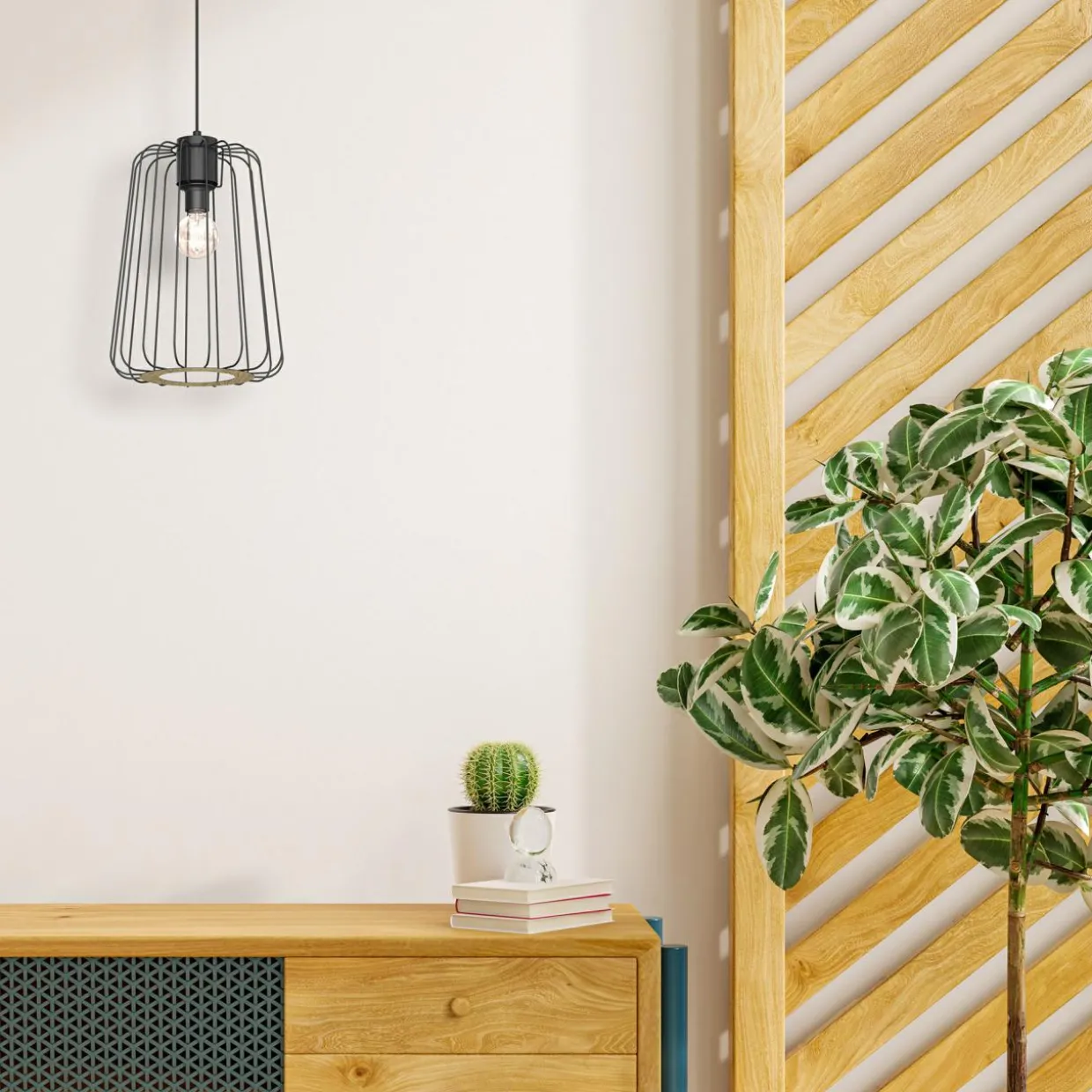 Lampa wisząca czarna jasne drewno TRAD I klosz 38 cm