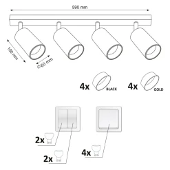 Listwa reflektor 4-punktowy czarno-złoty MARIBEL IV