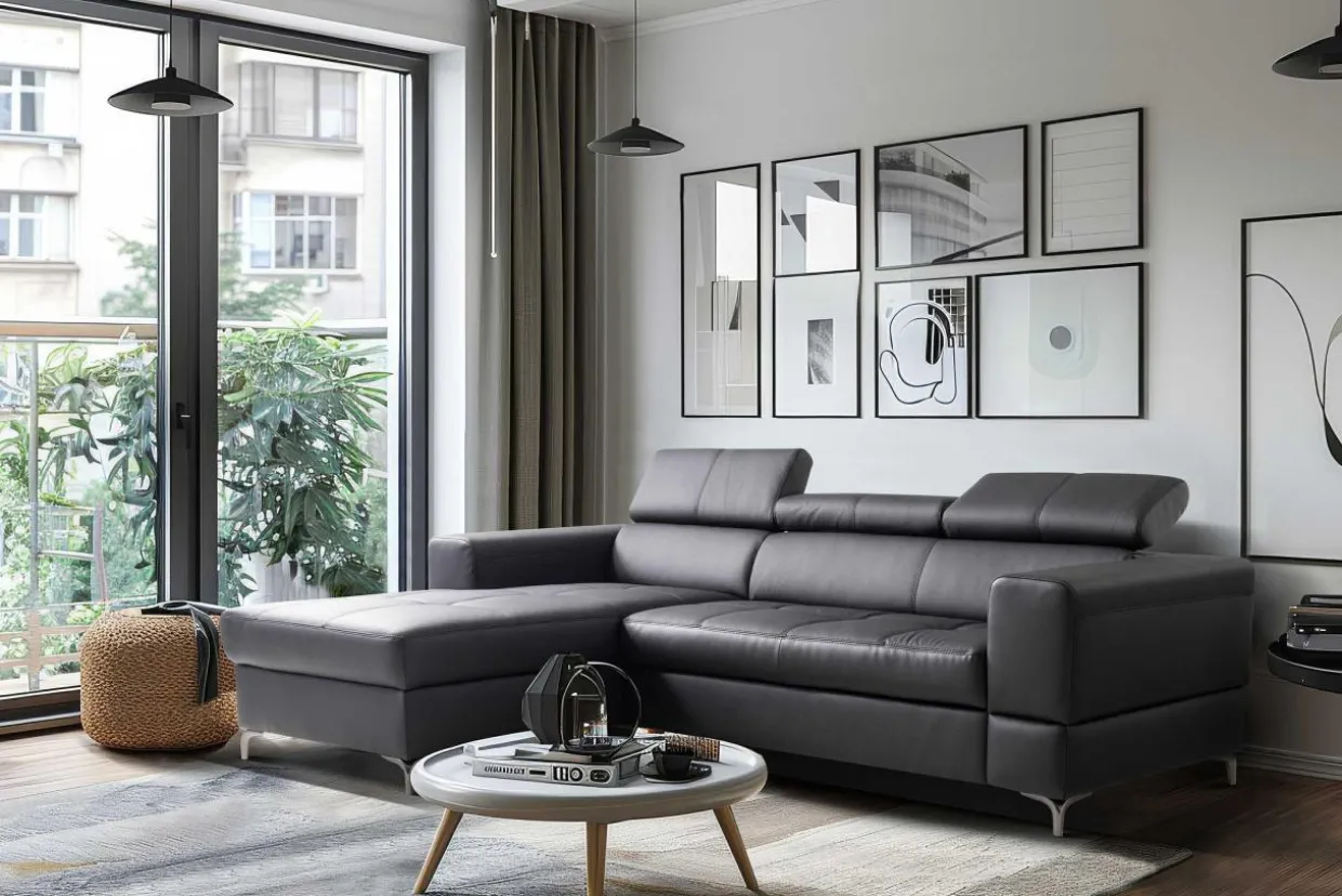 Narożnik rozkładany z regulowanymi zagłówkami czarny TORINO lewy