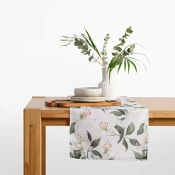 Obrus biały w kwiaty GARDENA 40x120 cm