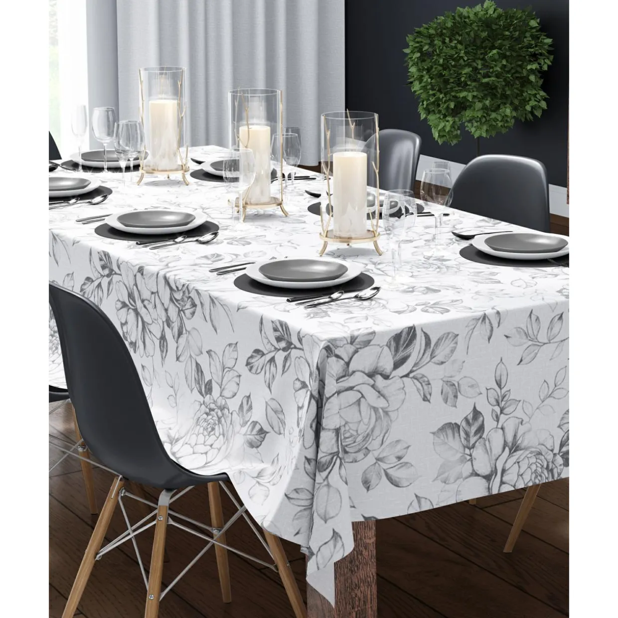 Obrus w szare kwiaty 140x180 cm