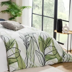 Pościel bawełniana biała w zielone liście TRENDY 220x200 cm