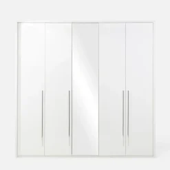 Szafa 5-drzwiowa z lustrem z listwą okalającą PIANO biała wysoki połysk