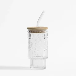 Szklanka z bambusową pokrywką i słomką 320 ml