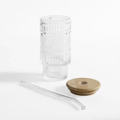 Szklanka z bambusową pokrywką i słomką 320 ml