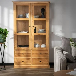 Witryna z szufladami z litego drewna STELLA dąb naturalny