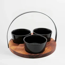 Zestaw 3 miseczek na akacjowej podstawie z uchwytem 20 cm
