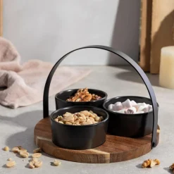 Zestaw 3 miseczek na akacjowej podstawie z uchwytem 20 cm