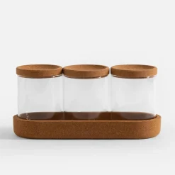 Zestaw 3 szklanych pojemników na korkowej podstawie