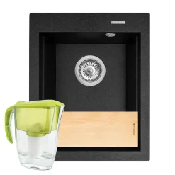 Zlewozmywak czarny NOTUS 39x48 cm + deska kuchenna i dzbanek z filrem