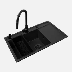 Zlewozmywak HEROS 79x50 cm lewy z baterią IDEA i czarnymi akcesoriami