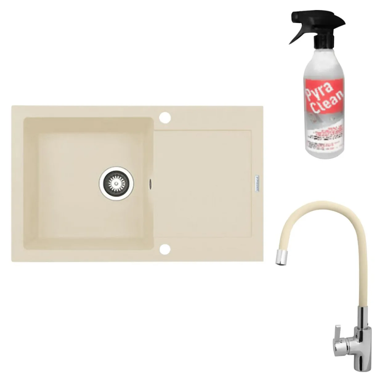 Zlewozmywak ZEFIR z baterią HERA beż piaskowy 79x50 cm + Pyra Clean